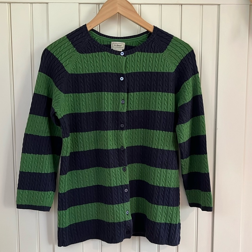 LL Bean navy and green cable knit with 3/4 length sleeves.